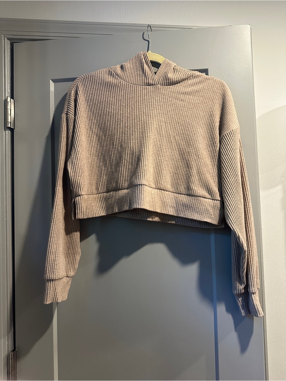 ALO Yoga Muse Ribbed Cropped Hoodie in Gravel